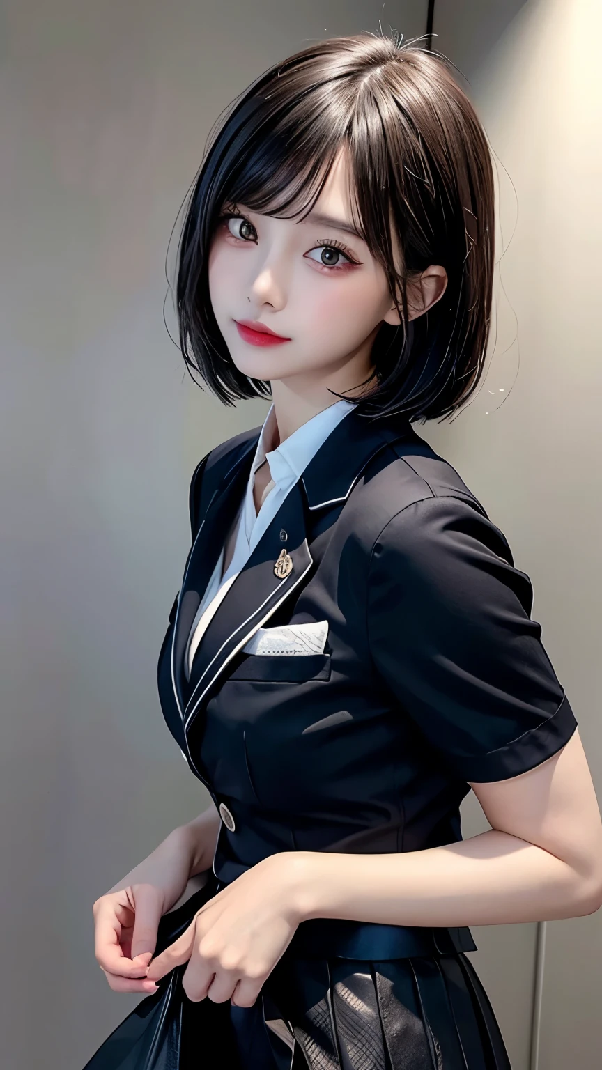 best quality, masterpiece, high_res, 1girl, hair ornament, necklace, jewelry, Beautiful face, tyndall effect, photo realistic, rim lighting, (high detailed skin:1.2), 8k uhd, dslr, soft lighting, high quality, volumetric lighting, candid, Photograph, high resolution, 4k, 8k, Bokeh, medium breasts, absurdres, ponytail contorted, best ratio four finger and one thumb, (ulzzang-6500-v1.1:0.9), school girl uniform,