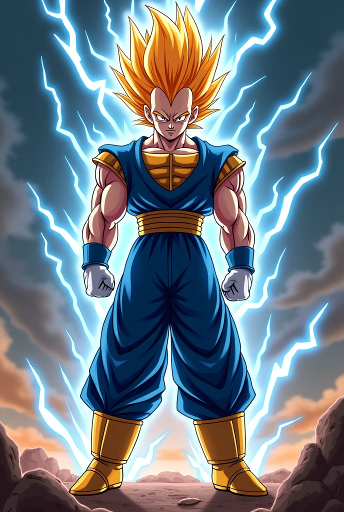 Depicting a proud elite warrior, he is slimmer and wears blue combat uniforms.、He's wearing white underwear and yellow-toed boots. He's got his beard removed, his hair is on fire, he's got yellow-toed boots on. He's thinner, his hair is on fire, lightning is running all around him, his hair is on fire more, he's awake!!Put on some white gloves, make his clothes more warrior-like, get rid of the cape and wear a white undershirt, make his clothes more Saiyan-like, change his hair to black, make his eyes look fierce, make his clothes more combat-friendly, put on some yellow-toed boots, get rid of the cape and wear a white undershirt.