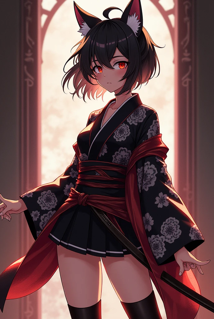 ff14 Miqote girl samurai anime style 1 black、white、Red-based
Anatomically correct
Wolf cut
Slight exposure
Westernized kimono
Off-shoulder
Knee-high socks
Miniskirt
ソロ, High resolution, chest,