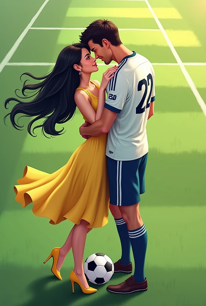 A woman and man standing in football ground looking at each lovingly and hugging each other.woman is wearing a dress and glasses.she has black hair .man is wearing a white and blue 32 number jersey. Man is 1 feet taller than girl. Man one foot standing on soccer ball . Make girl wear high heel and yellow dress .man foot on football