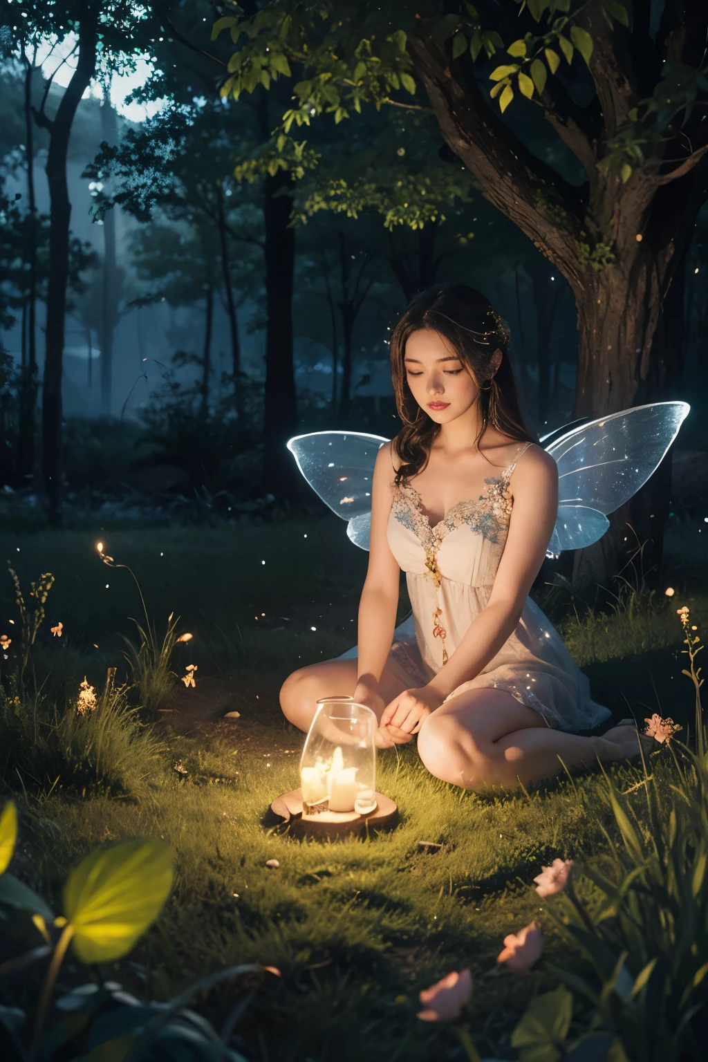 Beautiful fairy, surrounded by fireflies, ethereal and dreamy atmosphere
