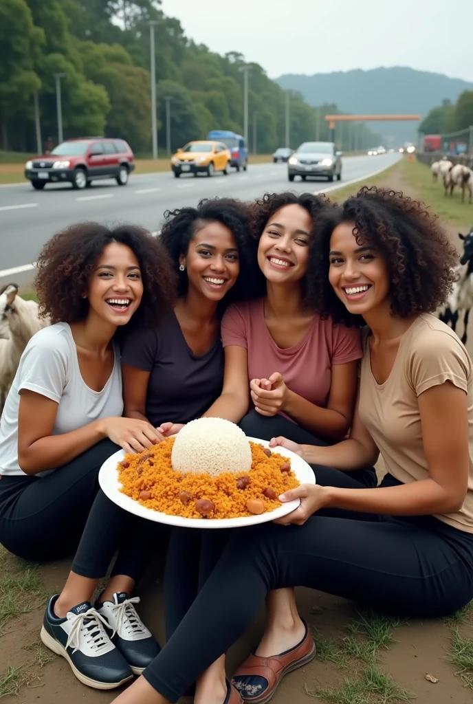 4 beautiful indonesian women, curly hair, wearing t-shirts, black trousers and sneakers, smiling faces, sitting together, holding a large plate of rice with fried chicken, on the side of the highway, there are goats beside them, lots of vehicles, minimal disabilities , very detailed, realistic