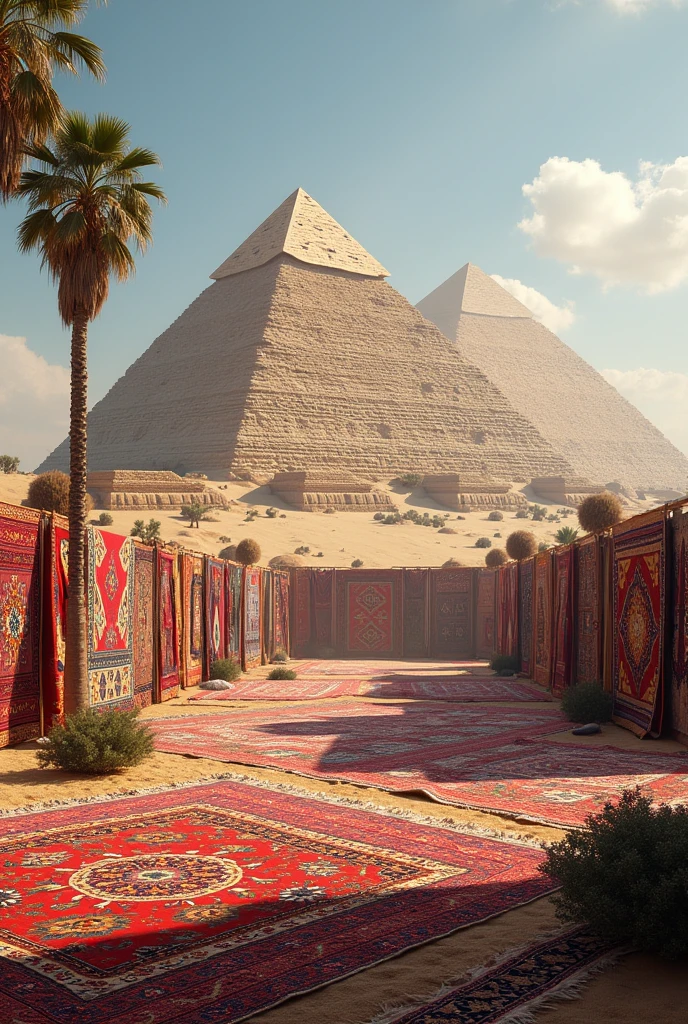 Egypt pyramids view filled with rugs