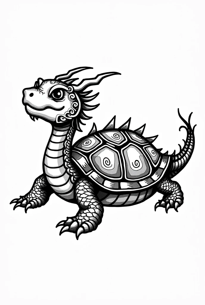 Black and White Ink Style Drawing of a Mythological Dragonic Turtle, Chinese style, doodle art, logo, tattoo, fictional, tortoise looking north, head looking northeast, line drawing