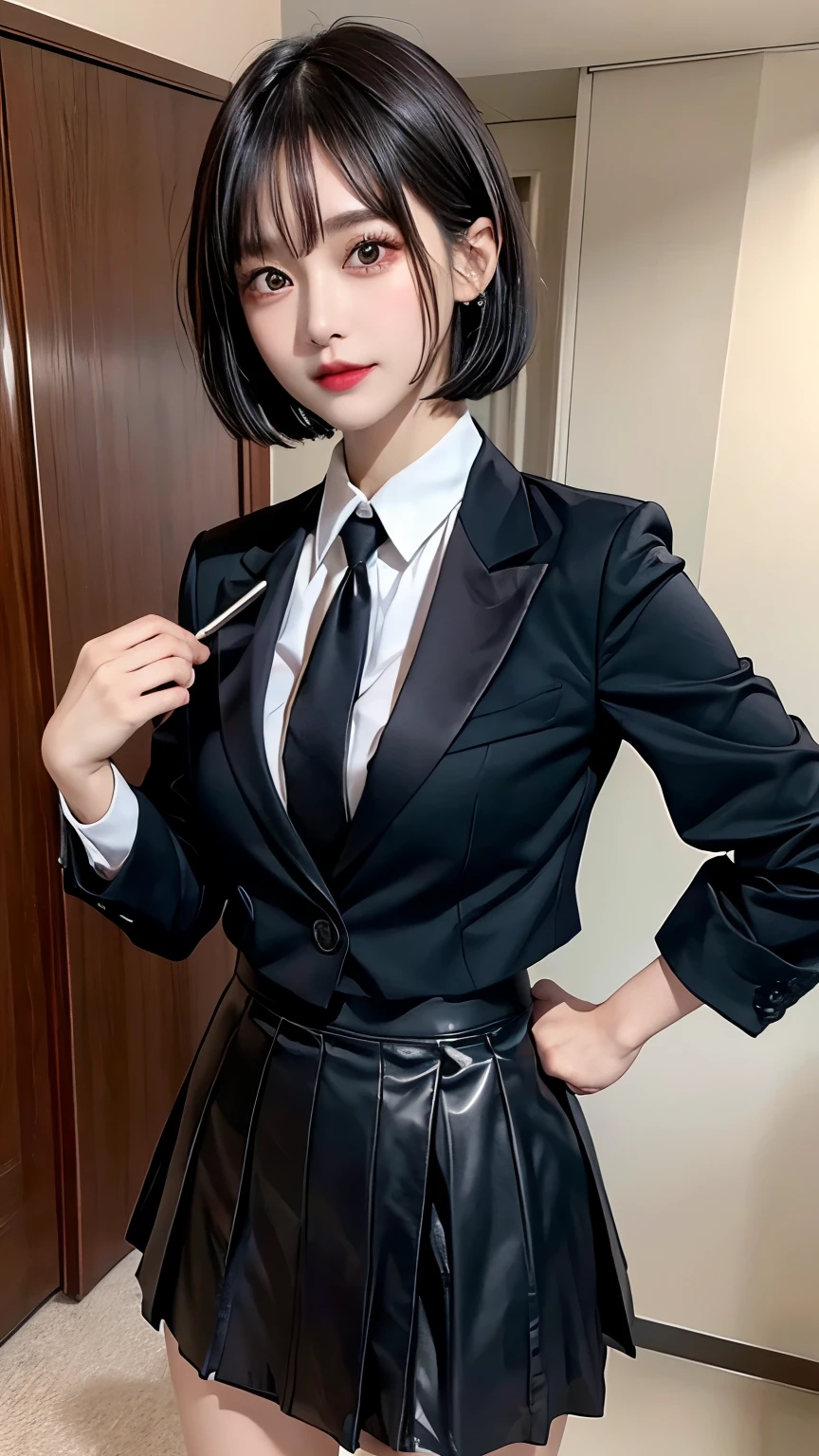 Top quality work,Actual work,Ultra Premium Graphics,8K HD CGオペレーション,High quality graphics、Short black bob hair and lip gloss)(((Roll up the skirt yourself))),(I lifted it myself),blazer)
