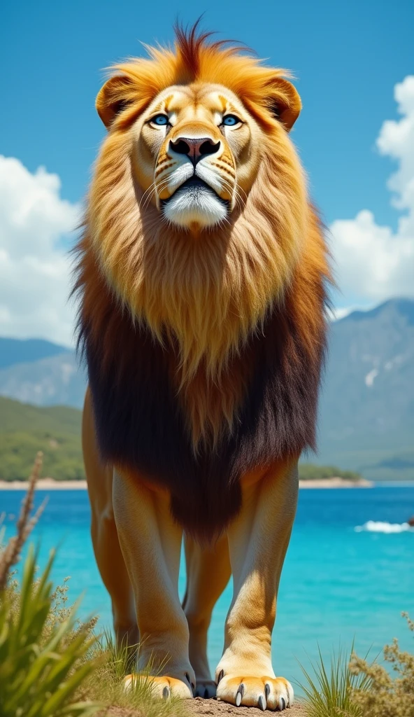 Create an ultra realistic 8k image of a strong and beautiful lion with blue eyes looking at the sunny sky,  with a very beautiful lake