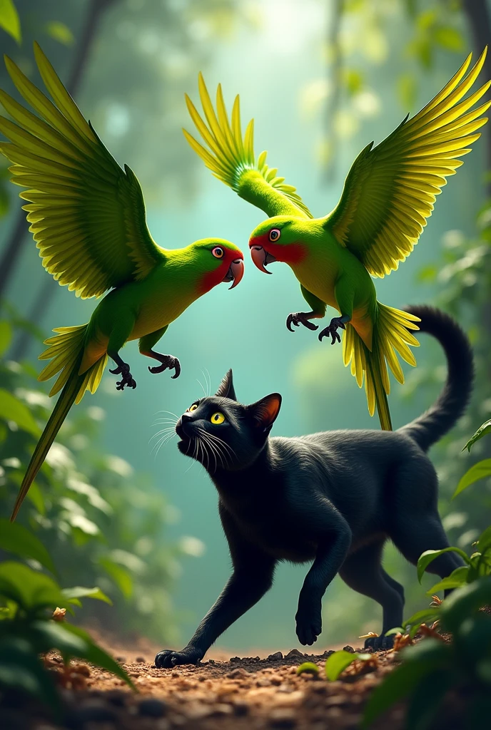 Green parrots defeats a black cat