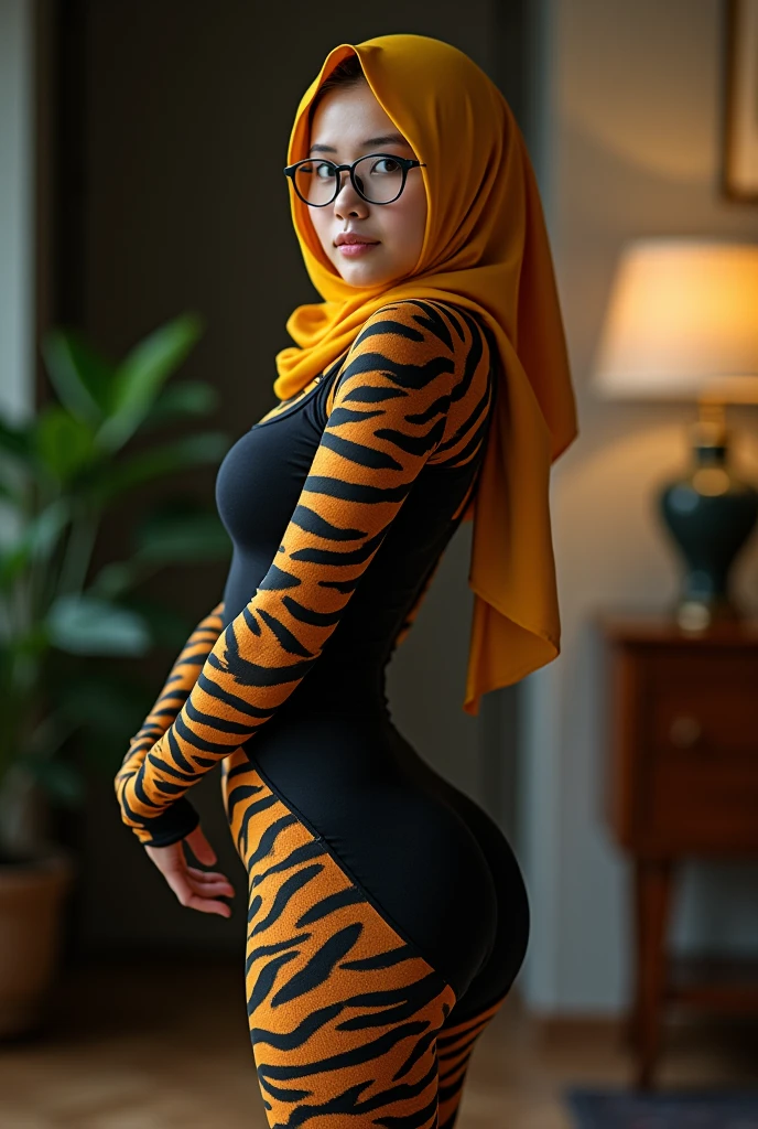 A most beautiful and thin 29 years old  chinese contortion girl wearing a glasses wears yellow tiger Lycra turtleneck unitard catsuit covered with seamless black tiger paterns.She always wear tiger Lycra dancewear hijab-like hood.She has beautiful cheeks on her face.She is take part for contortion performance.She performs contortion in the house.