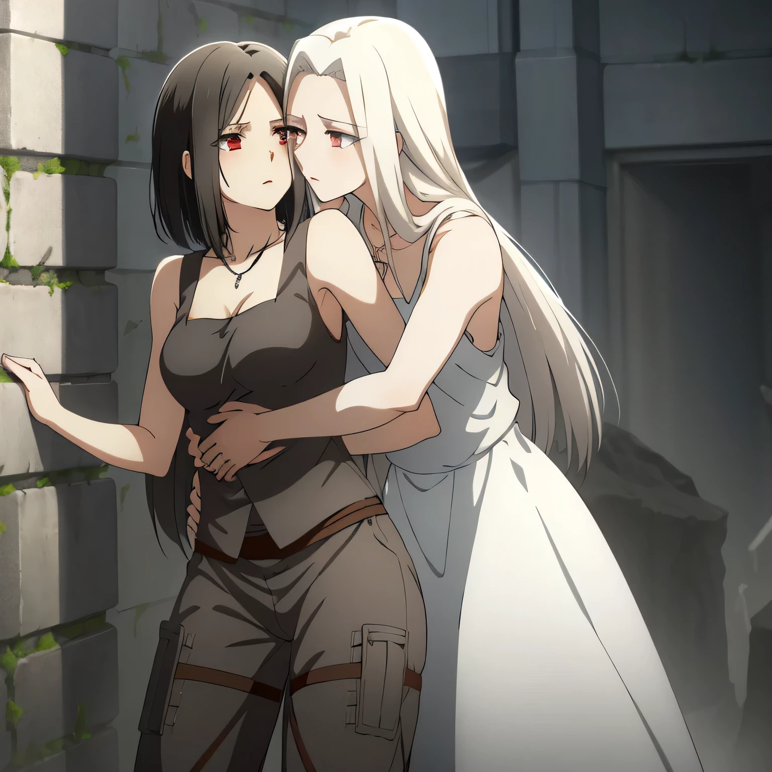 Irisviel,cold silky dress sleeveless,,middle size of breast,beautiful necklace,tall breasts,Mikasa with black short hair hugs and kissing irisviel, attack on titan,Mikasa short hair with irisviel long hair,mikasa black hair,mikasa wreanig tank top and combat trouser