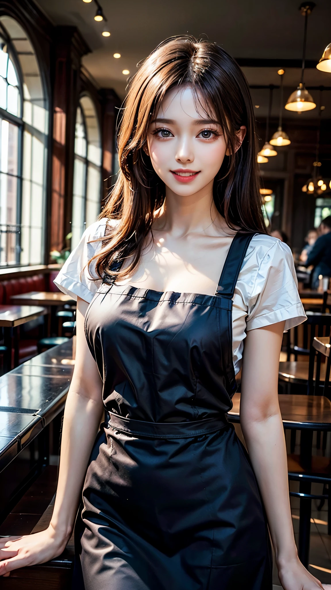 highest quality, masterpiece, ultra high resolution, (realistic:1.4), (close portrait) Raw photo, 1 girl, 22 years old,(((fashionable cafe))),((long hair chignon)),(Black collared shirt and black pants),((waist apron)),masterpiece, realistic pictures, japanese pictures, fuji negative film, saturation, contrast, Pocari Sweat Advertisement ((small breasts)),((smiling showing teeth)),,brown hair,