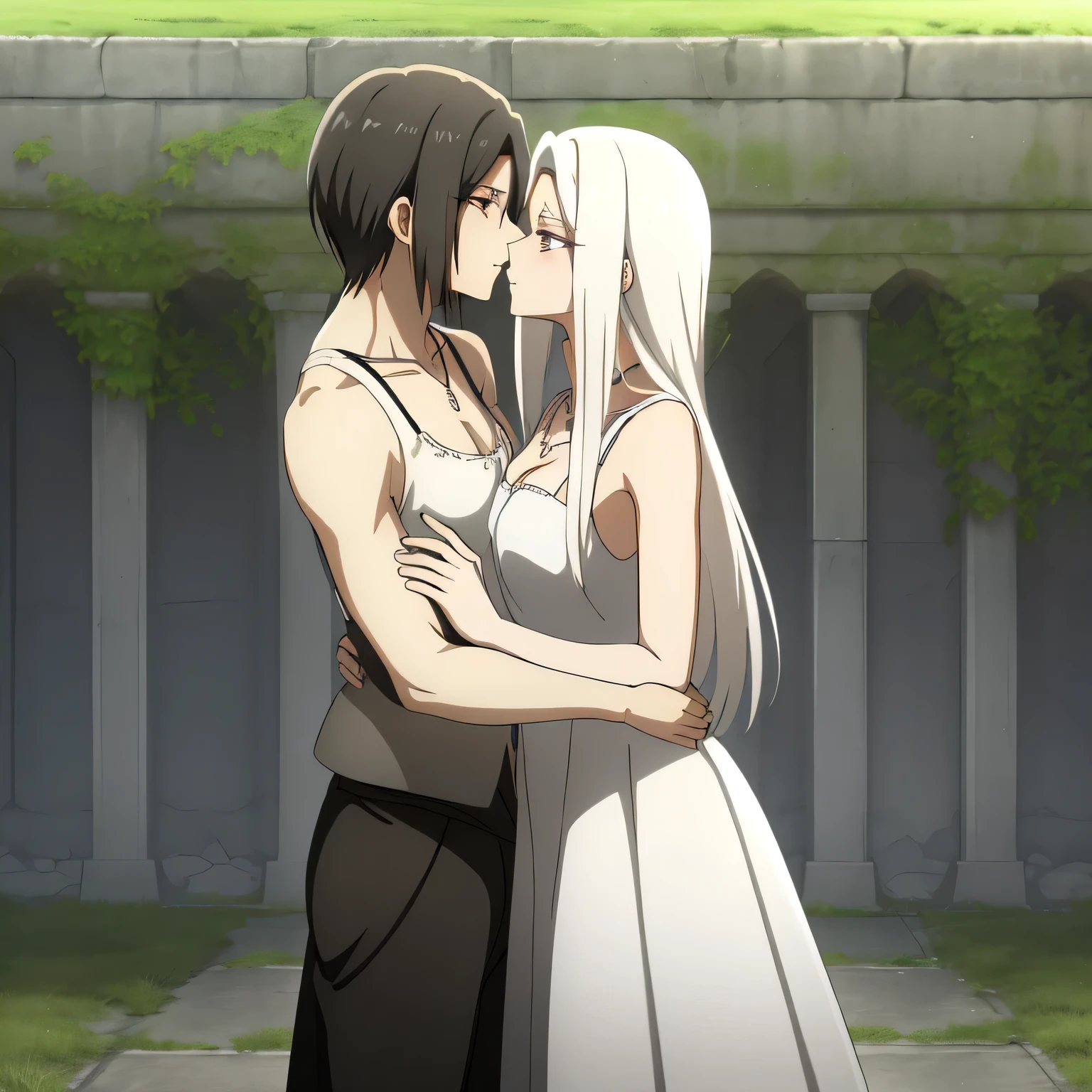 Irisviel,cold silky dress sleeveless,,middle size of breast,beautiful necklace,tall breasts,Mikasa with black short hair hugs and kissing irisviel, attack on titan,Mikasa short hair with irisviel long hair,mikasa black hair,mikasa wreanig tank top and combat trouser,Mikasa with man suits,