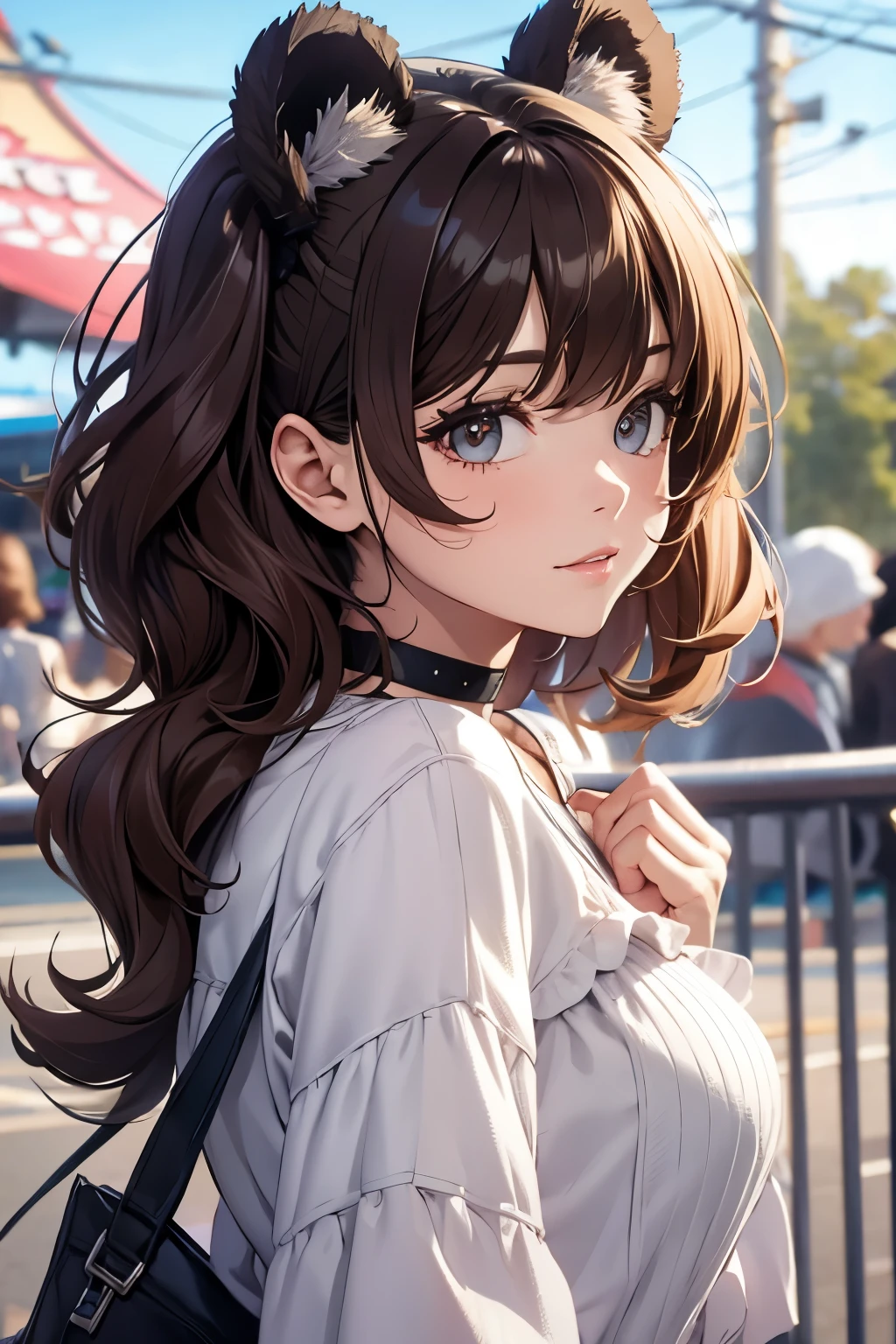 Top quality, highly detailed, UHD, idol, playing at an amusement park, cute and beautiful anthropomorphic koala girl with brown curly bob hair wearing a heart-shaped choker, casual clothes