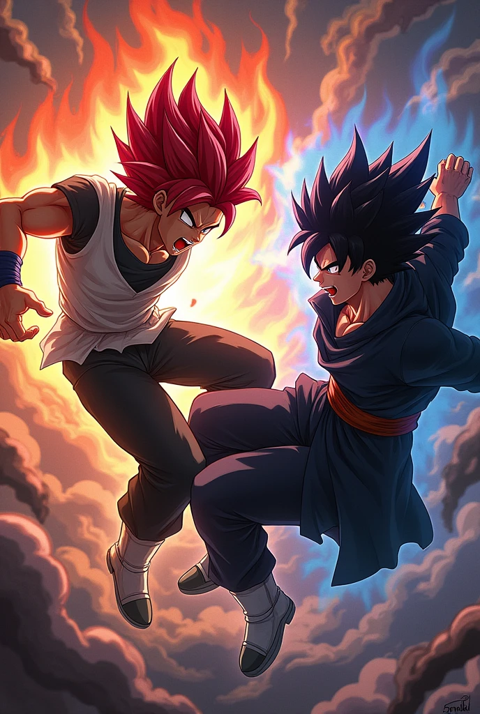 Create a dragon ball style male anime character with fiery hair red eyes white and black shirt black pants and white shoes fighting with a dragon ball style character all black and blue eyes 