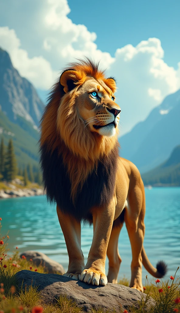 Create an ultra realistic 8k image of a strong and beautiful lion with blue eyes looking at the sunny sky,  with a very beautiful lake