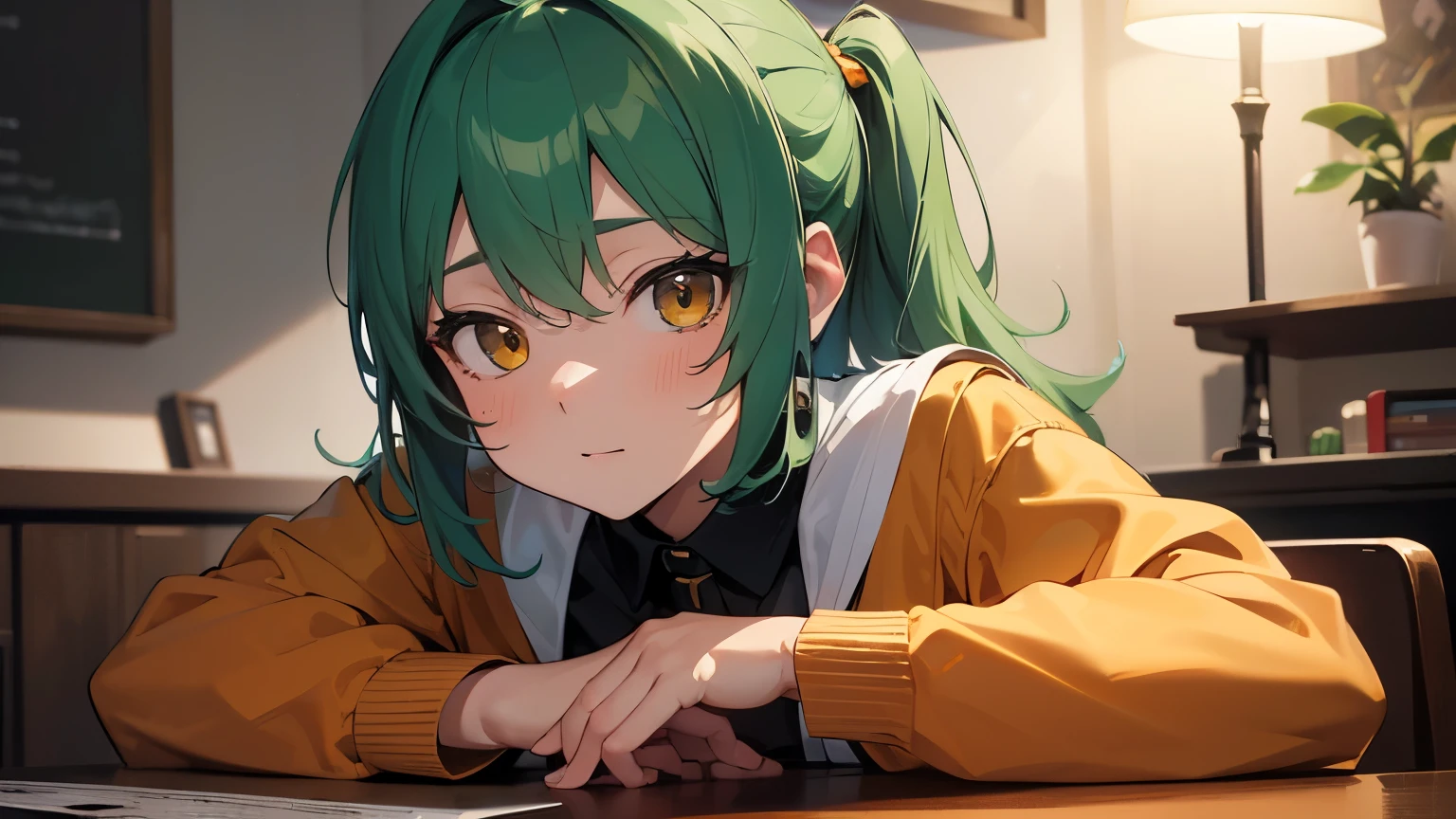 One person, , UHigh resolution, retina, masterpiece, Accurate, Anatomically correct, Textured skin, Super Detail, Attention to detail, high quality, Awards, 最high quality, High resolution, High resolution, 4K,(anime,8k,masterpiece, 最high quality, 最high quality,beautifully、aesthetic:1.2,Professional illustrations:1.1,Super detailed:1.3,Perfect lighting),Very detailed,Most detailed,Incredibly absurd,High resolution,Super detaileded,Complex:1.6, Cute pose,Green Hair,Orange jacket,White collar shirt
