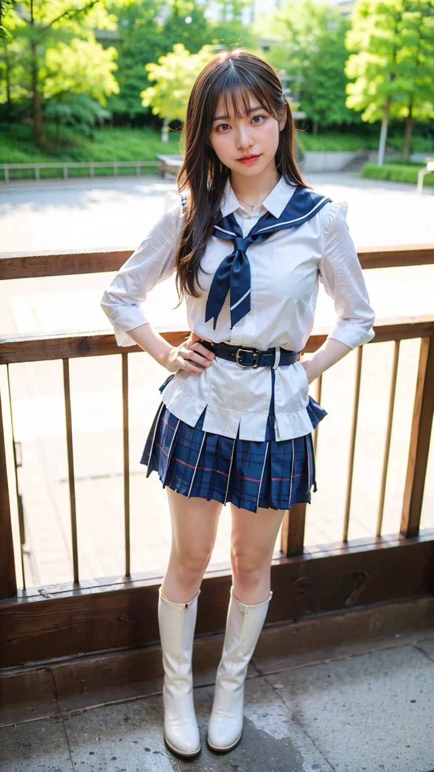 (8k、RAW Photos、Highest quality、masterpiece:1.2)、(Realistic、Realistic)、1 person、((View from the front、Looking into the camera、check、boots、mini skirt、High school uniform、、Standing with one hand on hip、Frills、))、cute