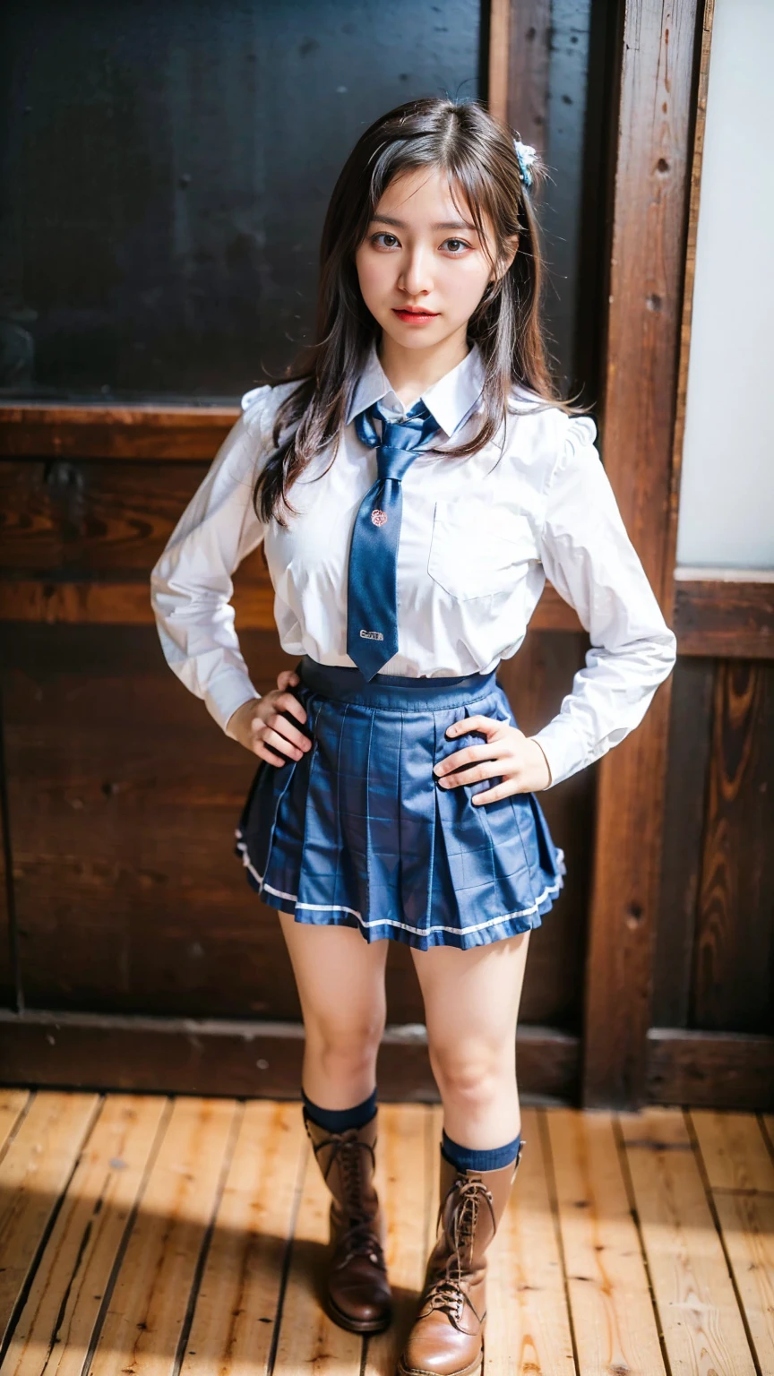 (8k、RAW Photos、Highest quality、masterpiece:1.2)、(Realistic、Realistic)、1 person、((View from the front、Looking into the camera、check、boots、mini skirt、High school uniform、、Standing with one hand on hip、Frills、))、cute