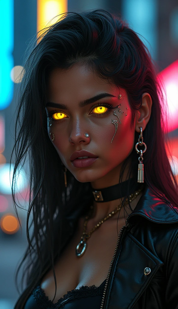 Cybernetic Indian woman with bright yellow cybernetic eyes and piercings in a city, cyberpunk art style, cyberpunk beautiful girl, cyberpunk atmospheres, dreamy cyberpunk girl, cyberpunk themed art, cyberpunk atmosphere, cyberpunk girl, cyberpunk digital painting, Bright cyberpunk glow, cyberpunk art, Cyberpunk woman, the cyberpunk girl portrait, in cyberpunk style, cyberpunk art ultrarealistic 8k, cyberpunk artstyle