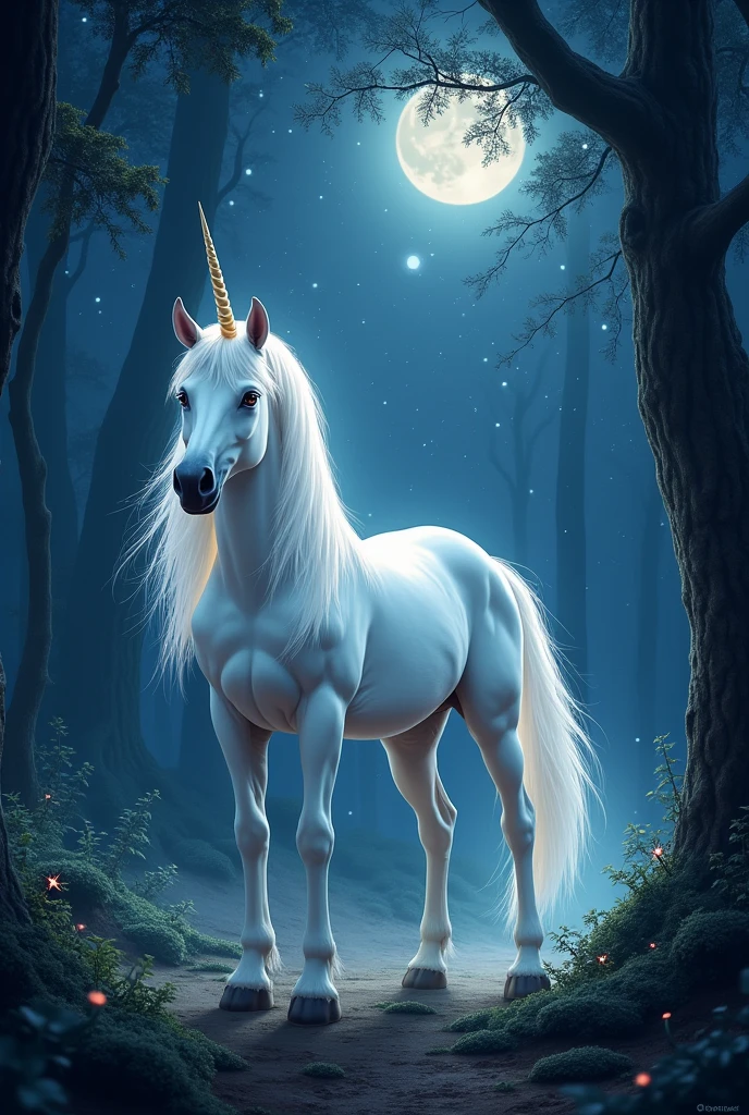 White majestic Unicorn in the forest on a stary night
