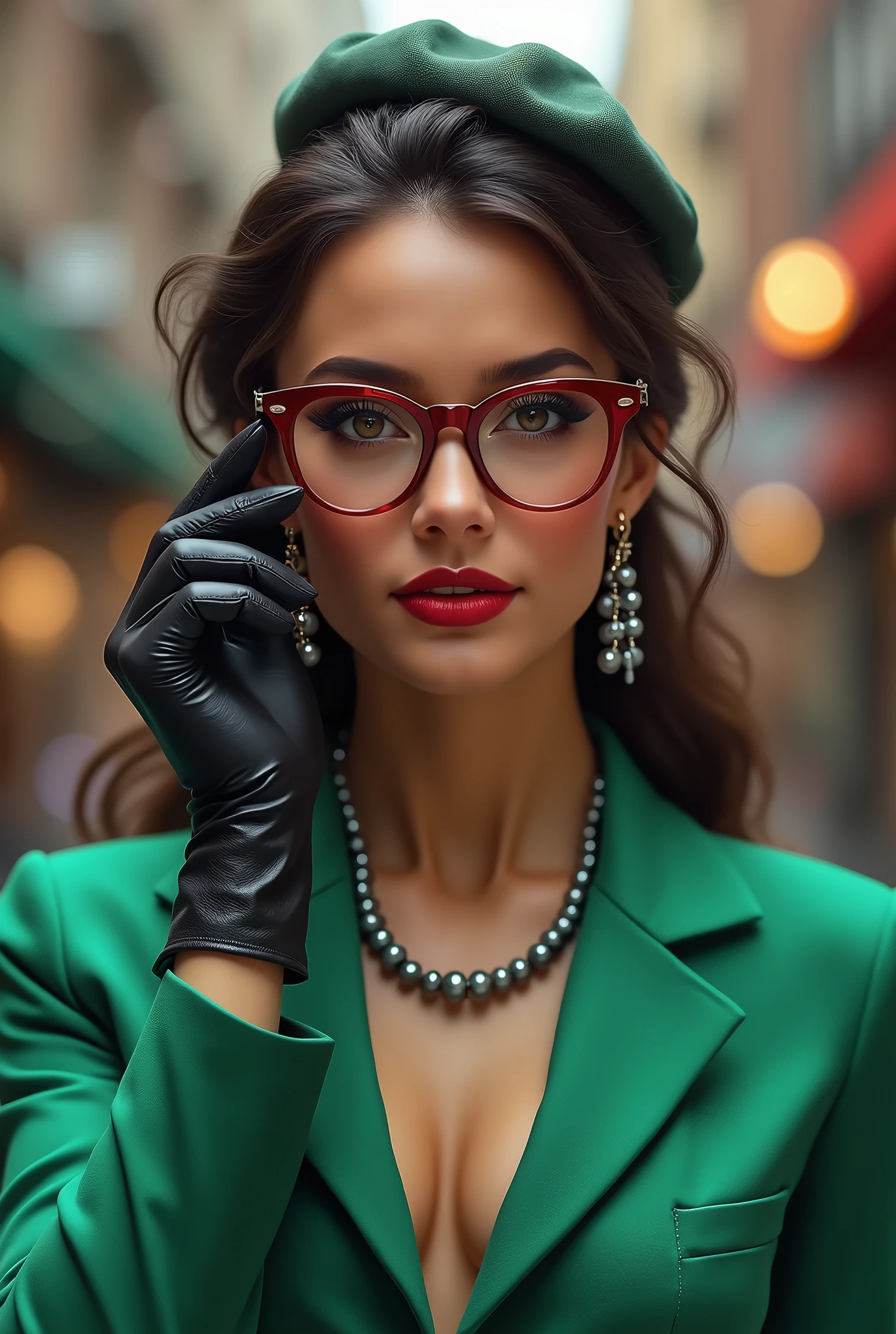 Draw a woman in her 30s with red glasses, gray beads around her neck, and earrings with gray beads, black gloves, a green outfit, and a small hat.