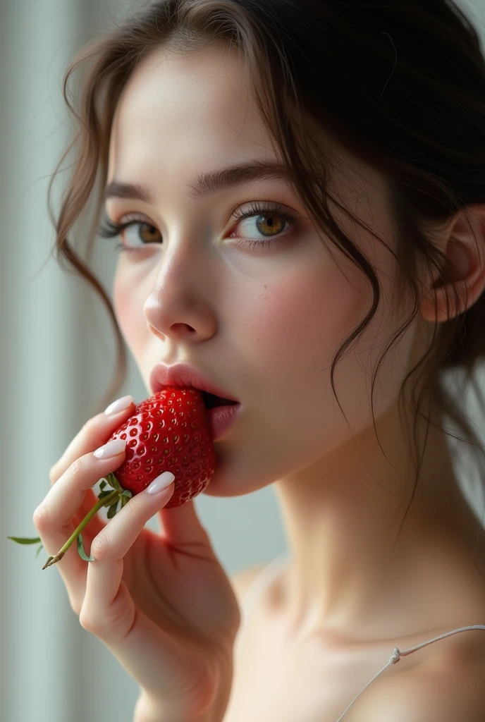 Very beautiful girl of Slavic appearance bit off a juicy strawberry photo quality 8k highest quality of small details