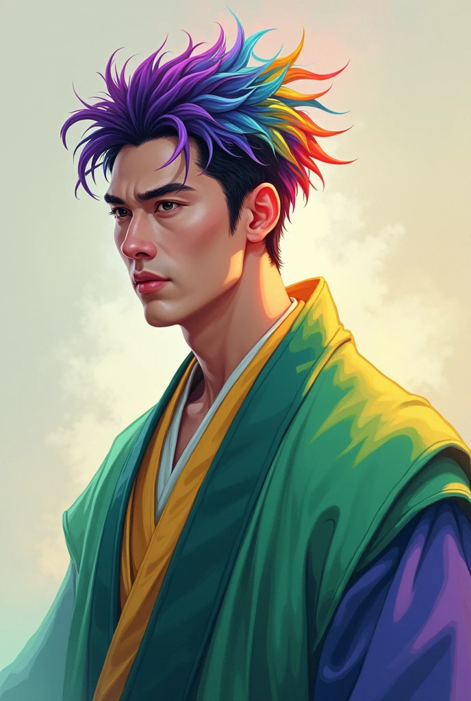 Create the image of a handsome man, Cao Cao, Scrawny, with short hair in the colors of the rainbow, long clothes with green colors, amarelo e roxo.