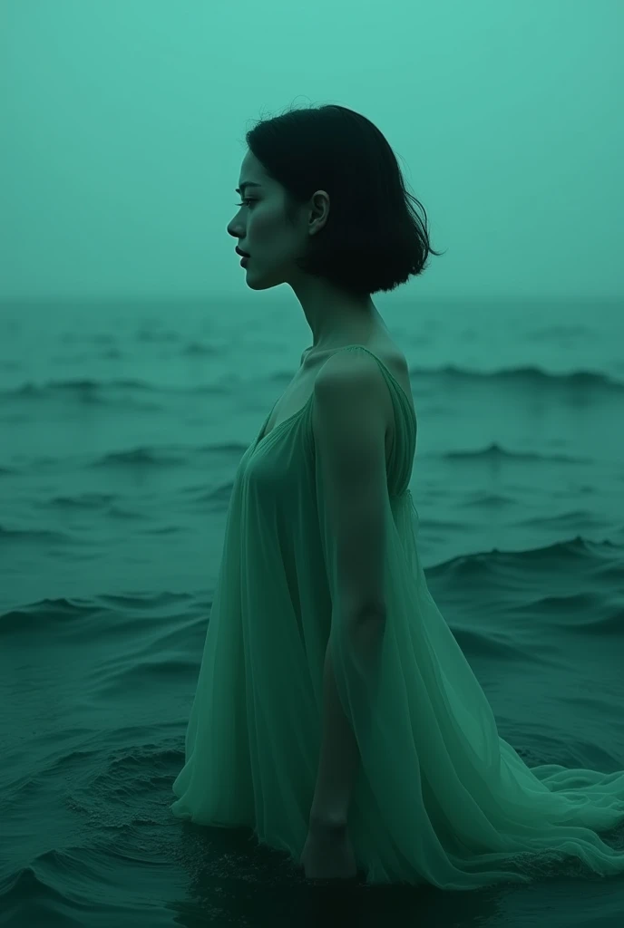(masterpiece, top quality), ((one europian a woman with a round face 35yo, one, short hair, looks ahead)), Ishmael_edge, Innocent look, Bare arms, Bare shoulders, Bare neck, water, sundress, Liquid clothes, water, Wave, water dress, green_theme, night, fog, dark, Sharp focus, ocean, Transparent dress, braun hair