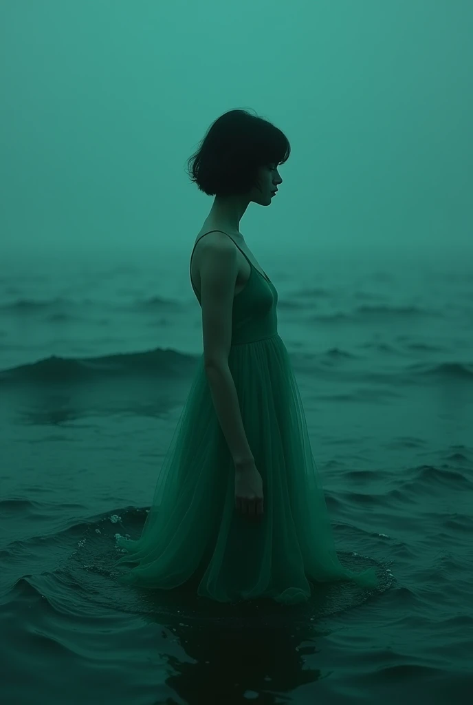 (masterpiece, top quality), ((one europian a woman with a round face 35yo, one, short hair, looks ahead)), Ishmael_edge, Innocent look, Bare arms, Bare shoulders, Bare neck, water, sundress, Liquid clothes, water, Wave, water dress, green_theme, night, fog, dark, Sharp focus, ocean, Transparent dress, braun hair
