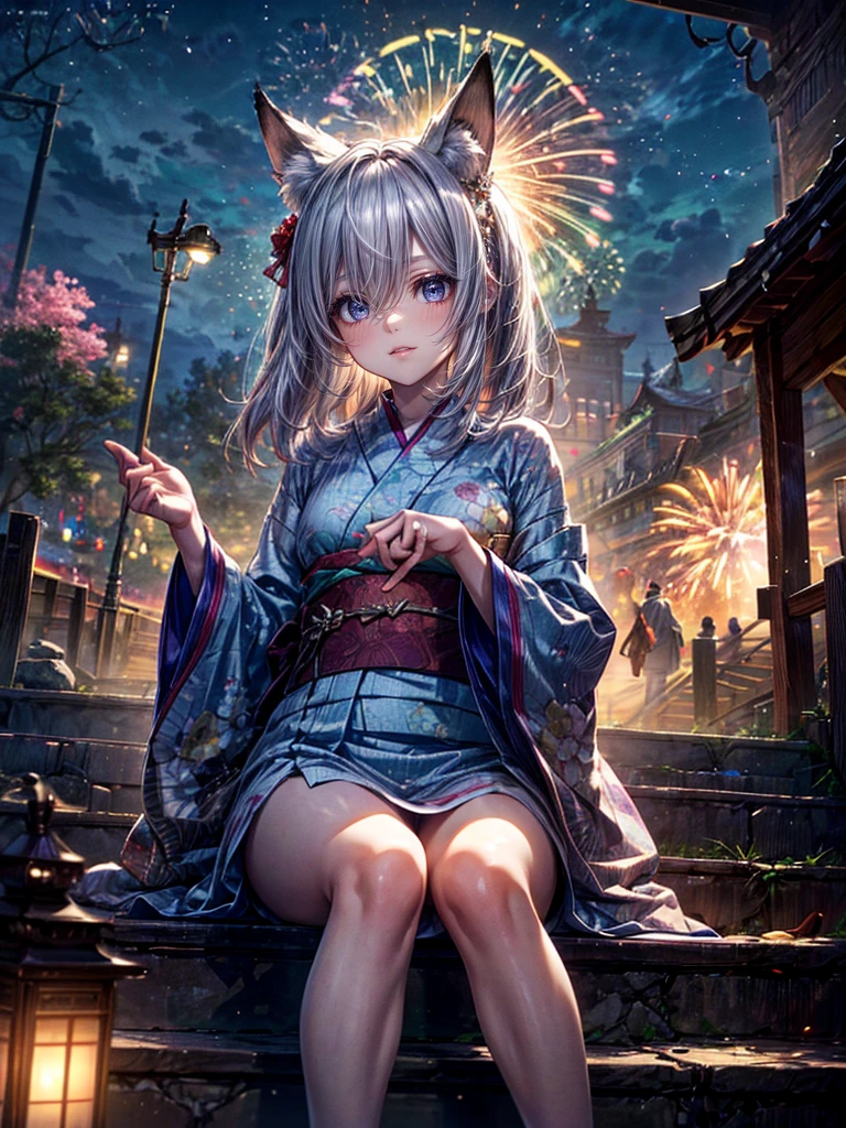 High resolution, Winner of numerous awards, Ultra high definition, Textured skin, Retina,
masterpiece,(bestquality),highlydetailed,ultra-detailed,1girl, (A composition where a girl is sitting on ロボット:1.4)(Look to the side)(natural lighting,confidentexpression),(The grounds of an empty shrine)(Staircase under the stairs、fair、festival:1.2)(panorama:1.2),Fireworks in the sky smile,angle、chrome,raw(A beautiful girl with silver hair and fox ears in a yukata:1.5)(Fireworks lighting)