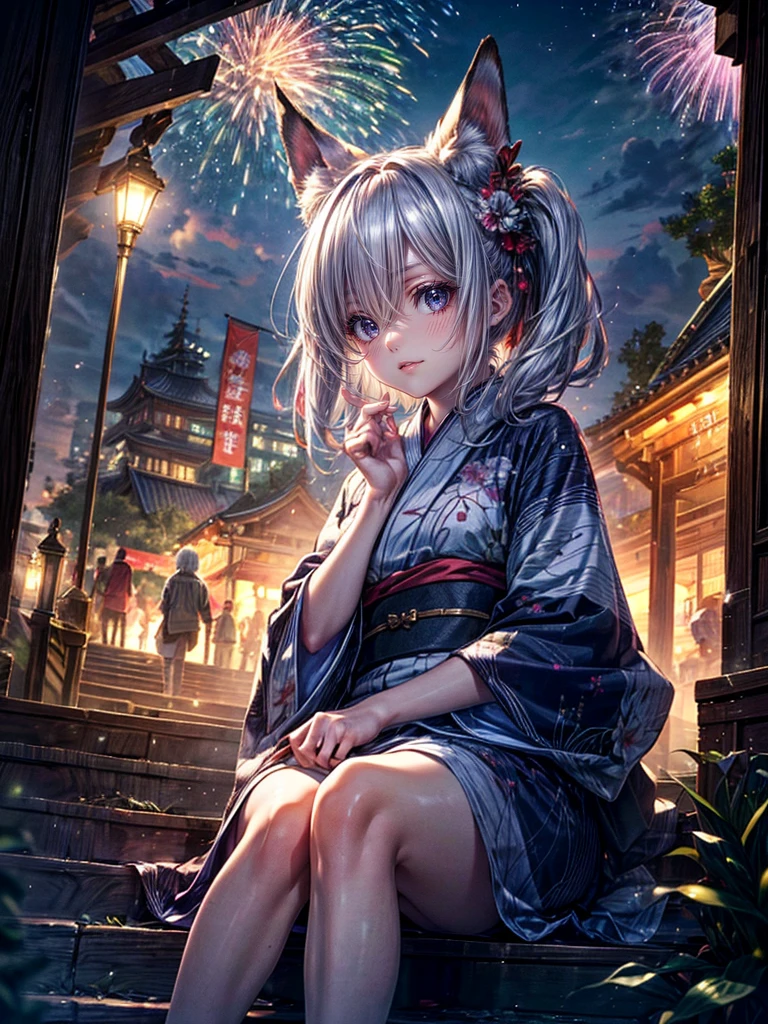 High resolution, Winner of numerous awards, Ultra high definition, Textured skin, Retina,
masterpiece,(bestquality),highlydetailed,ultra-detailed,1girl, (A composition where a girl is sitting on ロボット:1.4)(Look to the side)(natural lighting,confidentexpression),(The grounds of an empty shrine)(Staircase under the stairs、fair、festival:1.2)(panorama:1.2),Fireworks in the sky smile,angle、chrome,raw(A beautiful girl with silver hair and fox ears in a yukata:1.5)(Fireworks lighting)