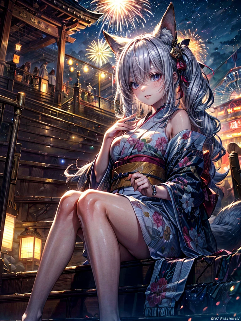High resolution, Winner of numerous awards, Ultra high definition, Textured skin, Retina, 
masterpiece,(bestquality),highlydetailed,ultra-detailed,1girl, （A composition where a girl is sitting on ロボット:1.4）(Look to the side)(natural lighting,confidentexpression),(The grounds of an empty shrine)(Staircase under the stairs、fair、festival:1.2)(panorama:1.2),Fireworks in the sky smile,angle、chrome,raw（A beautiful girl with silver hair and fox ears in a yukata:1.5）（Fireworks lighting）