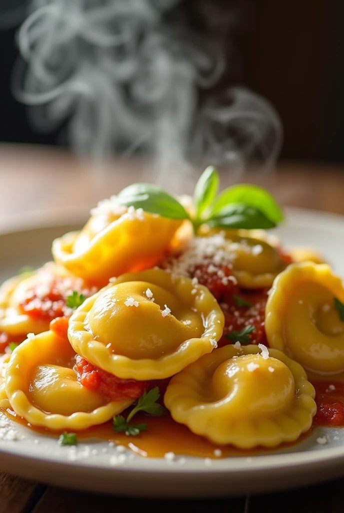 Photo of a plate of steaming tortellini