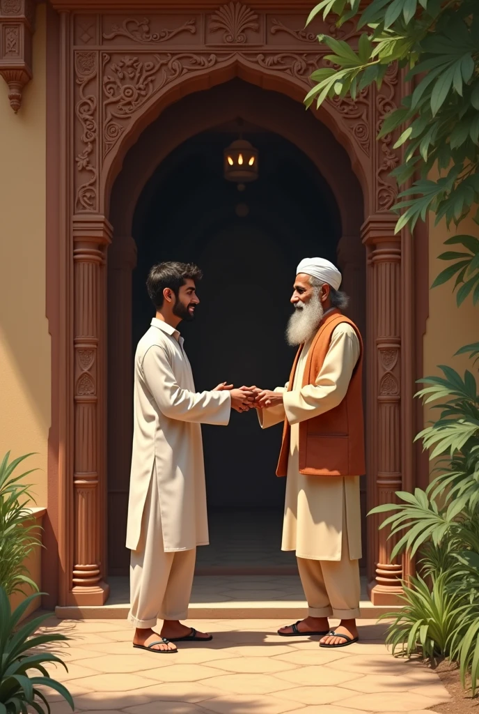 2. **Ahmed Returning the Wallet**: Create an image of Ahmed standing respectfully in front of an elder, well-dressed man (Chaudhry Sahib) at the entrance of a large, traditional village house. Ahmed is handing over the wallet, and the elder is looking at him with a kind, appreciative expression