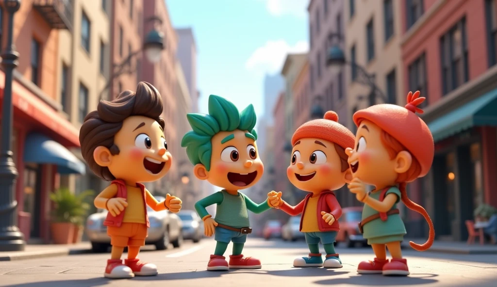 Generate me an image of three 3d cartoon characters talking on the street.