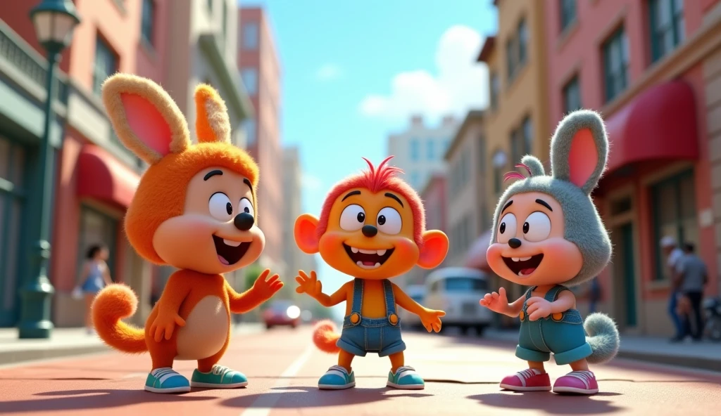 Generate me an image of three 3d cartoon characters talking on the street.