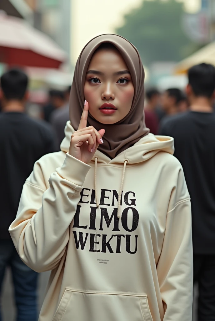 A indonesian pretty girl, wearing a cream hoodie with a strong vector design featuring a silhouetted image of a five-fingered palm in white colour with love and light. The phrase "ELENG LIMO WEKTU" in down, is displayed in bold simple elegand, distressed typography with pastel colours, while holding her long skirt, hijab, one-handed pose pointing upwards, in a public place, surrounded by many men, big and sexy breasts, jav idol, with a frontal shooting angle, very realistic, (complex detail: 0.9), (hdr, hyperdetail: 1.2), RAW, Sony Alpha a9 II, 24-105mm f/4, HDR,