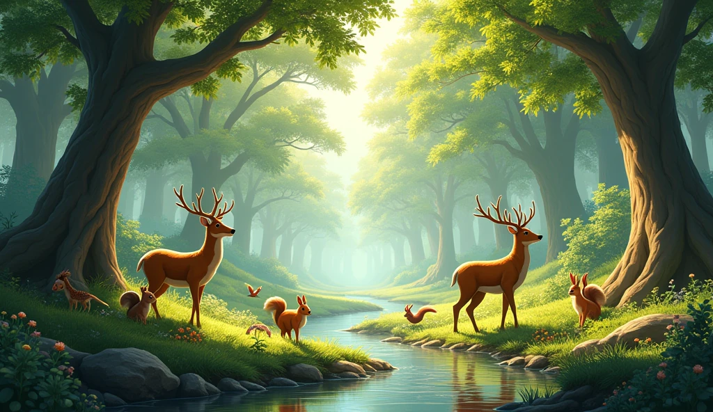 Forest Scene - A general scene with the beauty of the forest and various animals.