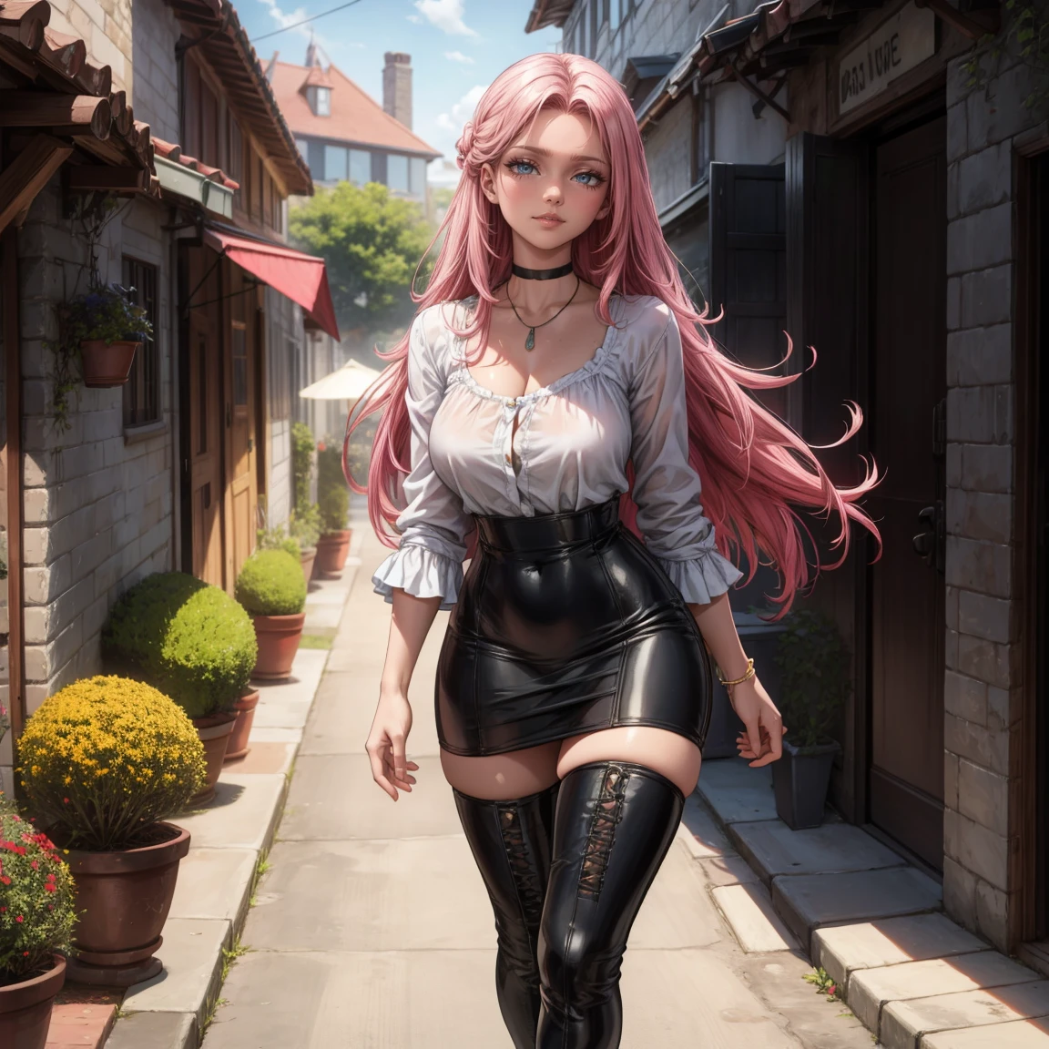 Masterpiece, beautiful art, 8k, art style by sciamano240, very detailed face, detailed hair, detailed clothes, detailed fabric, 1girl, beautiful face, long hair, hot pink hair , model head shot, facing camera, very detailed green eyes, sultry smile, wearing classy fall clothes, black dior thigh boots, black pencil skirt, walking , out shopping, necklace, chocker, rosey cheeks, sunny fall setting, full body view, photorealistic, indirect lighting, volumetric light, ray tracing, hyper-detailed, best quality, ultra-high resolution, HDR, (8k, Best Quality, Masterpiece:1.2), Ultra Detail, RAW Photo, Super Resolution, Professional Photo, Extremely Detailed and Beautiful, lot of drool, sweat, belly inflation