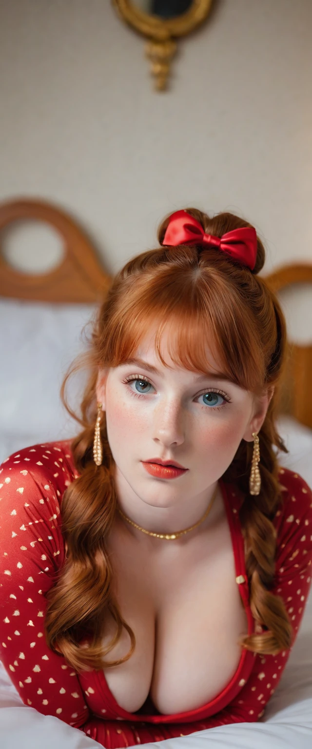 A young lady rs, with long red hair, wavy hair, with air bangs, tied up in a bun. She is in a bedroom, laying on her back, in the bed. She is wearing a red onesie. She has an hourglass figure. She is wearing gold earrings. Looking directly into the camera. She has fair skin, freckles, and braces, constricted pupils, parted lips, large breasts, perfect lips, perfect nose, cute face, baby facealism, cinematic lighting, jpeg artifacts, full body photo, bokeh, textured skin, UHD, best quality, masterpiece, high details