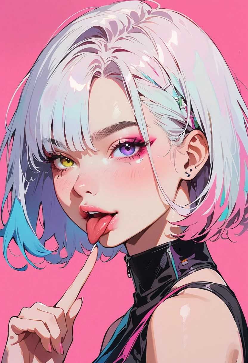 (masterpiece, best quality:1.2), 1 girl, solo, Anime style, heterochromia, Grinning, lips pink, Stick out your tongue, Tongue Stud, Cyberpunk style makeup, Different color short hair, Long bangs on one side, Purple and pink background.