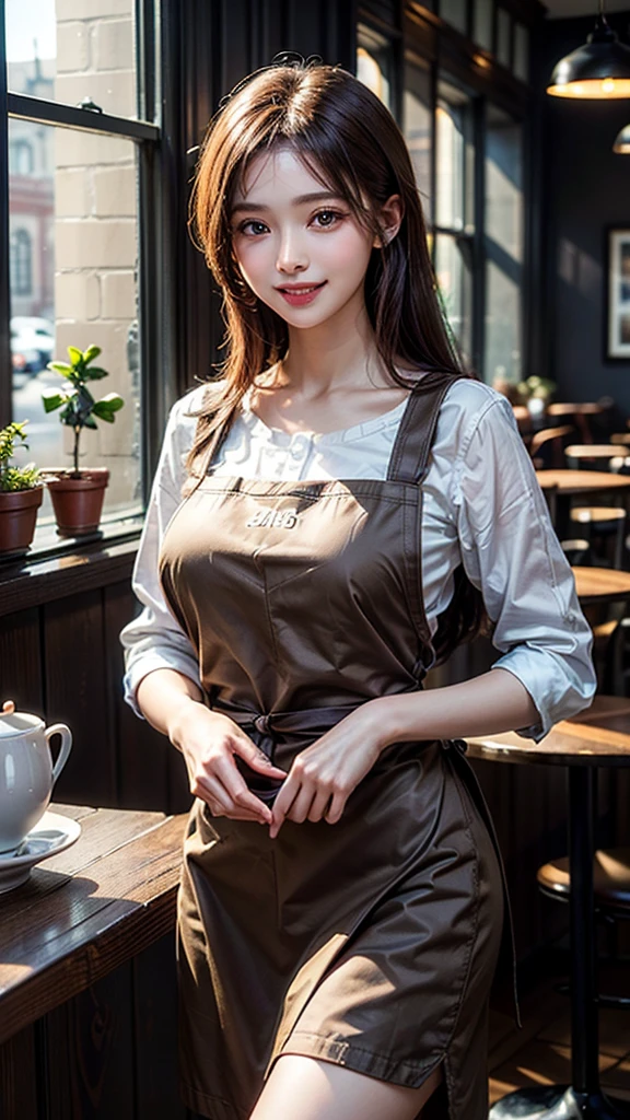 (Highest quality、Tabletop、8k、Best image quality、Award-winning works)、Woman working in a café、(The perfect brown apron:1.1)、(The perfect brown apron:1.1)、(wide々She is standing elegantly in a modest cafe..:1.3)、(A classy shirt and apron:1.1)、(Big Breasts:1.1)、(Accentuate your body lines:1.1)、Beautiful woman portrait、The most elegant and cozy cafe、The most natural cafe, Perfectly organized、The most atmospheric and warm lighting、Stylish and elegant cafe、Strongly blurred background、Look at me and smile、(Accurate anatomy:1.2)、Ultra high resolution perfect beautiful teeth、Ultra-high definition beauty face、Ultra HD Hair、Ultra HD The Shining Eyes、The Shining, Super high quality beautiful skin、Super high quality glossy lip