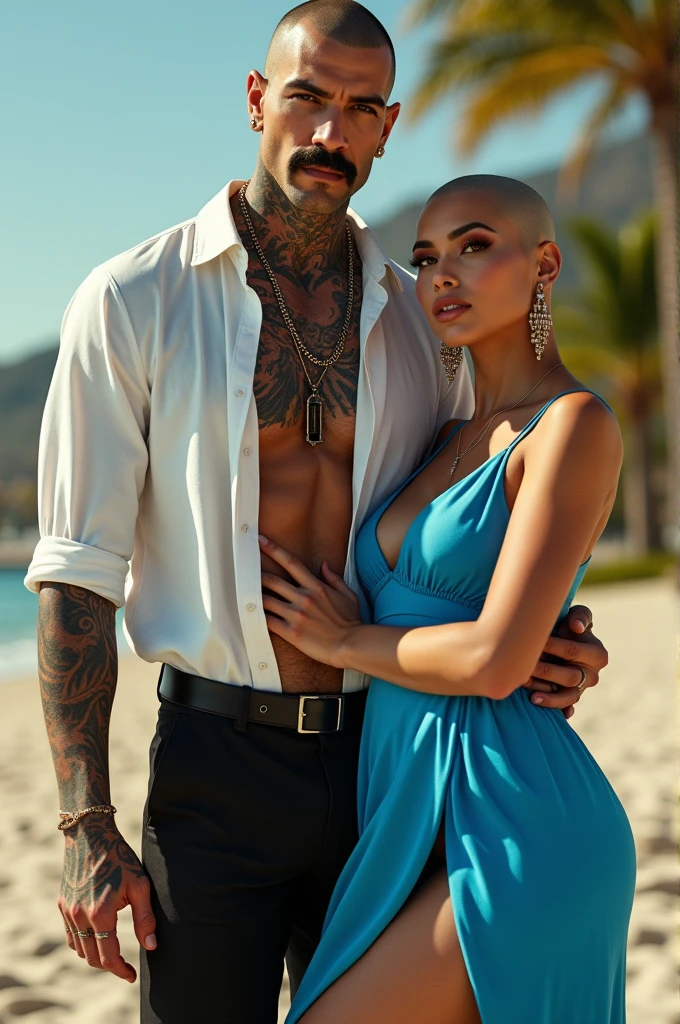 Tattooed male model shaved head pointy mustache, soul pach, tall, slim fit, white open shirt, black suit pants and tyra banx shaved head (very big size breasts 1.8) very small waist, very wide hips, blue. Summer dress