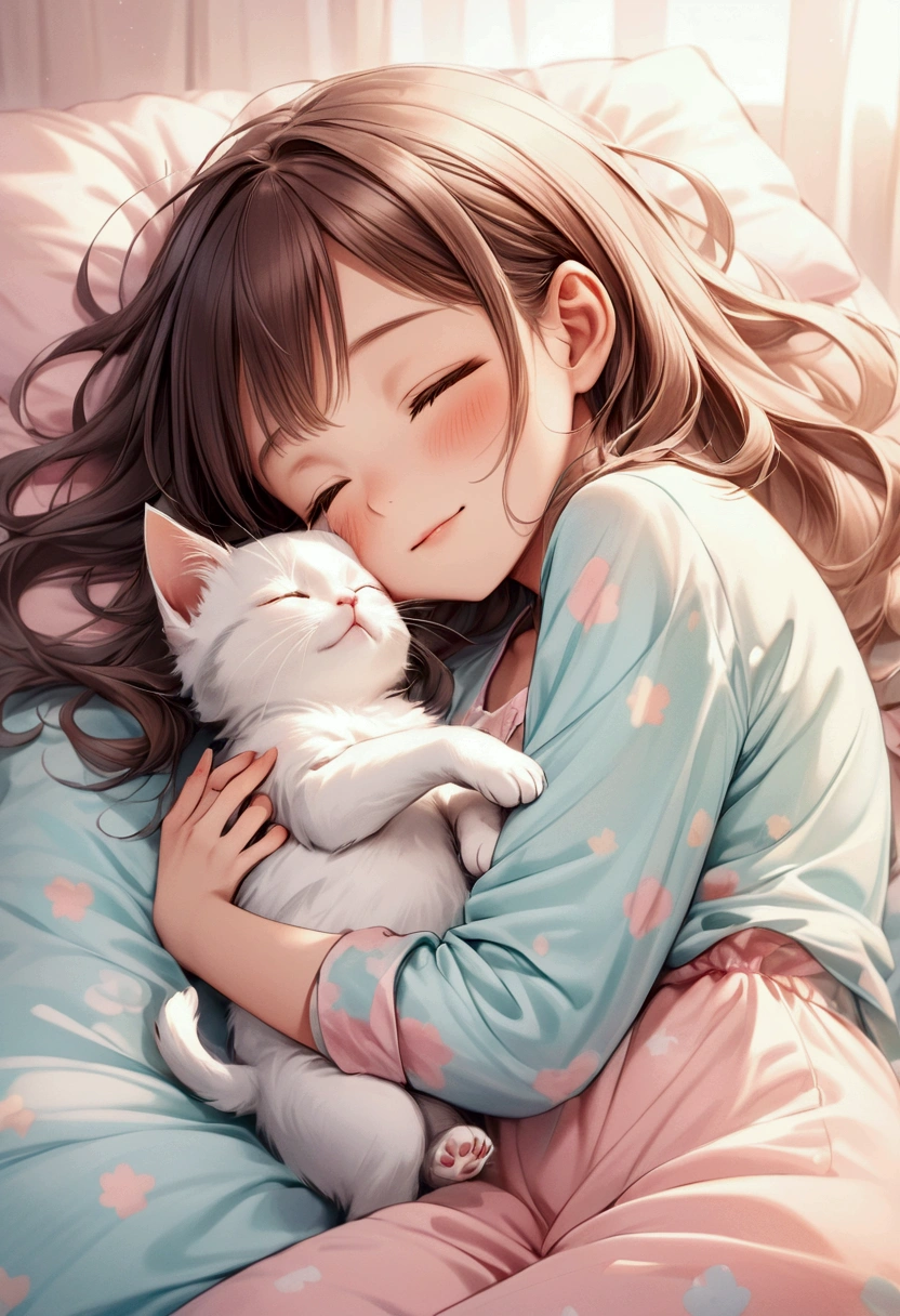 A cute girl sleeping comfortably in bed while hugging a kitten, pastel colored pajama, warm tone, happily expression