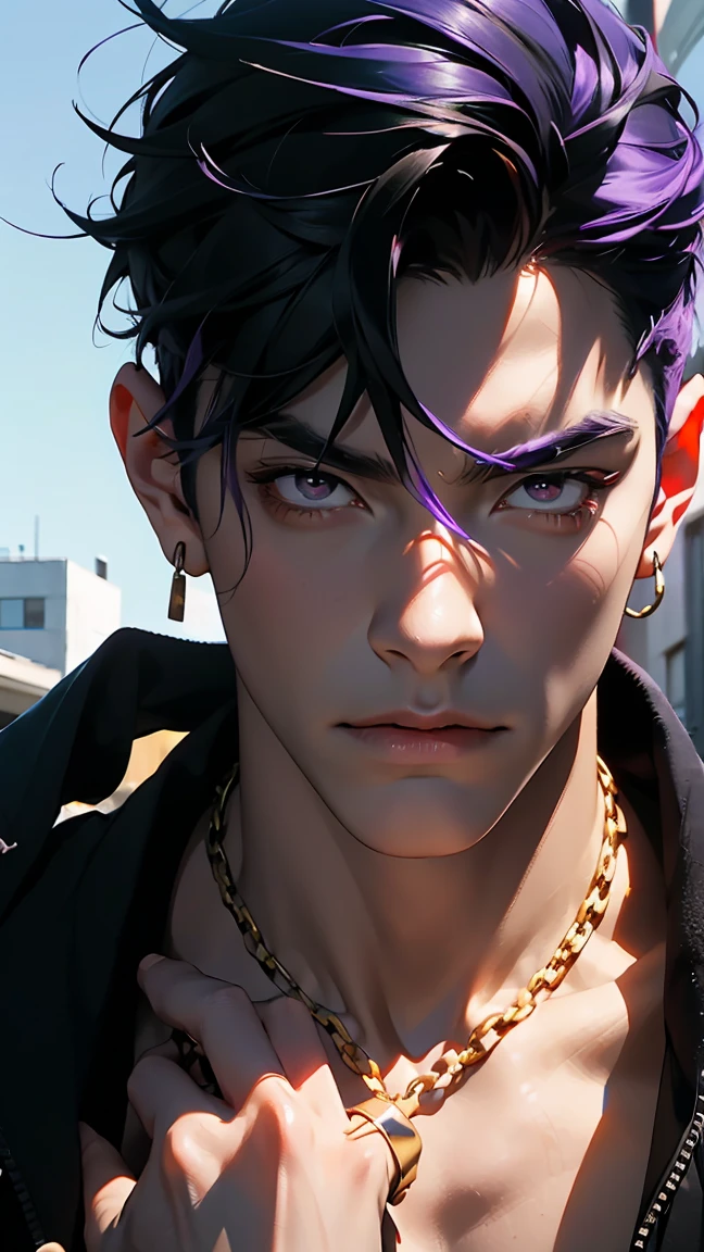 highest quality, 8K, high resolution image, anime style Jujutsu Kaisen, dark skin, (Cú Chulainn (Alter) | Fate | FGO ) detailed strokes, crazy look, piercing gaze, out of focus, purple light is reflected from it, (close angle), 1 man, young, male, model, hand in pocket, cool guy, multicolored background with various geometric shapes, all around stickers, muscular, Blue hair, red eyes, multicolored hair, blue hair, hair between the eyes, highlighted hair, puffy chest, he is wearing a black Sweater, black gloves, sweatpants, gold link chain, Hand in the Pocket, background: he ist standing, big city, streets, park, people, blue sky, cars, bicycle