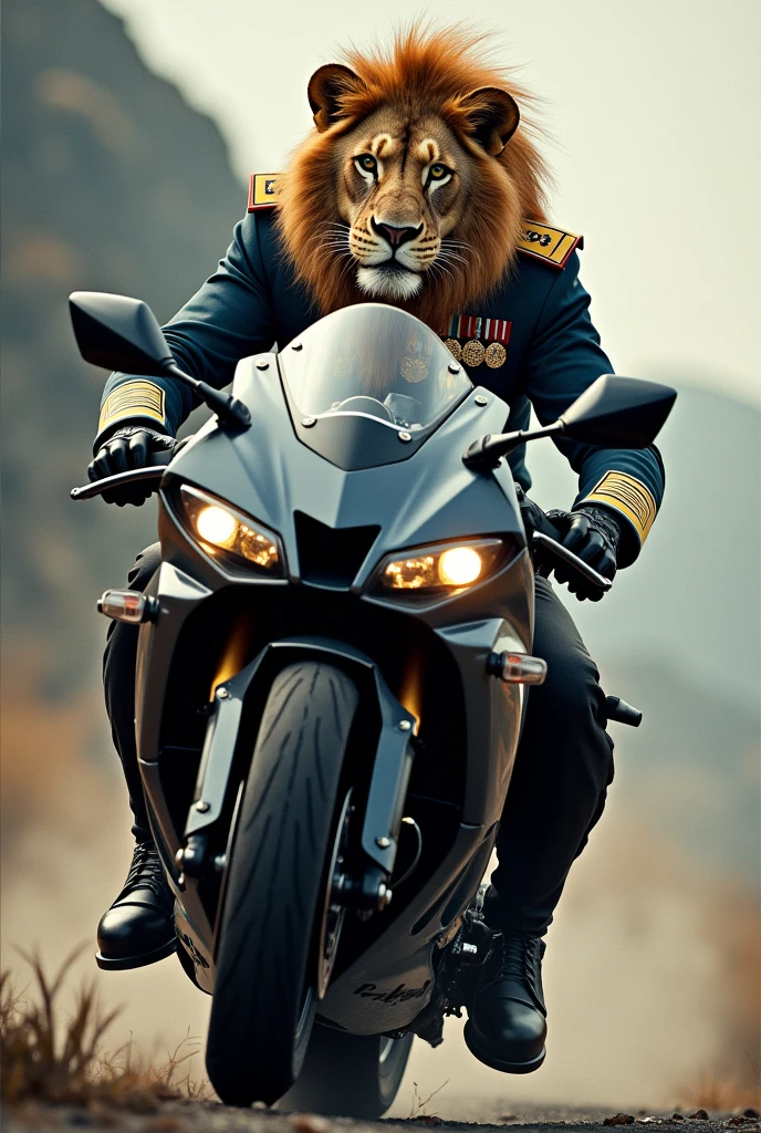 Lion animal with soldier suit ride yamaha r15 bike