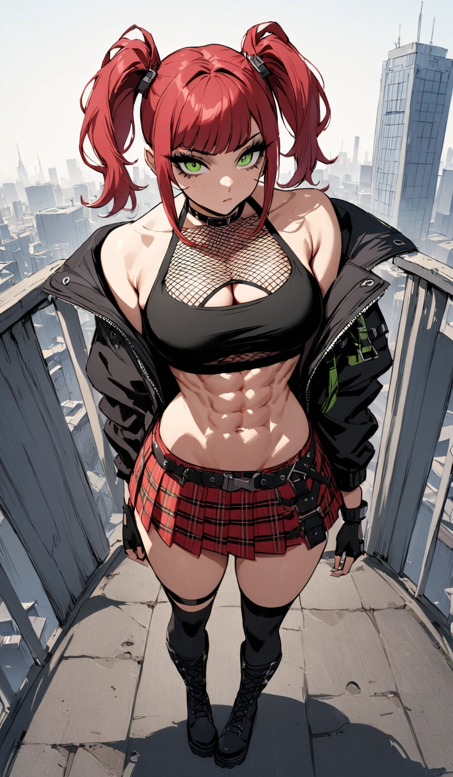 woman, stoic, curly red hair in pig tails, green eyes, black eyeshadow, wearing crop top black shirt, long black jacket, red plaid skirt, black knee high boots, black fingerless gloves, exposed shoulders, large breasts, freckles, abs, cleavage, looking down at viewer, masterpiece, best quality, Holo-Punk Style, on a rooftop, make up, eyelashes, fish net undershirt, fish net stockings, (full body)