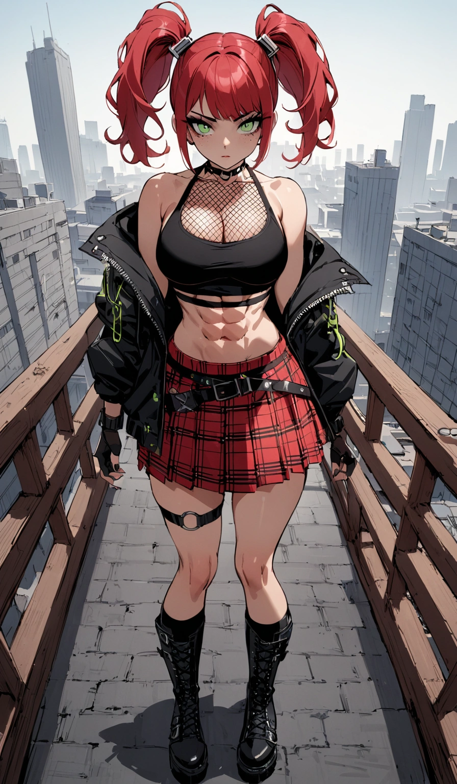 woman, stoic, curly red hair in pig tails, green eyes, black eyeshadow, wearing crop top black shirt, long black jacket, red plaid skirt, black knee high boots, black fingerless gloves, exposed shoulders, large , freckles, abs, cleavagng down at viewer, masterpiece, best quality, Holo-Punk Style, on a rooftop, make up, eyelashes, fish net undershirt, fish net stockings, (full body)