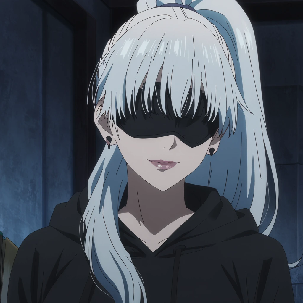 1girl, female gojo satoru, anime screencap from jujutsu kaisen, gojo satoru female version, solo, long_hair, ((wearing black blindfold)) ((White_hair, ponytail)), night view, (hanging breasts) upper_body, smile, indoors, book, lips, (long hair) ((wearing black colour hoodie )) breast, "very detailed and high resolution" (black blindfold) ((solo)) (((front view))) (earings) ((high resolution)) ((good quality)) ((silky hair, ponytail))