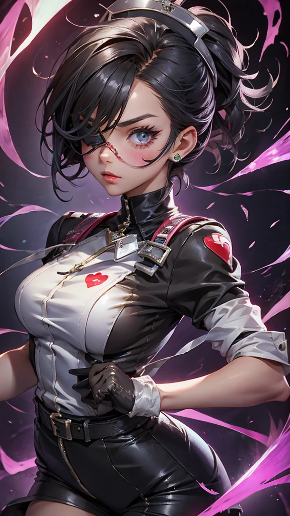 Beautiful girl wearing high-neck punk nurse uniform(20-year-old)Short black hair, wearing an eyepatch with a heart mark on one eye