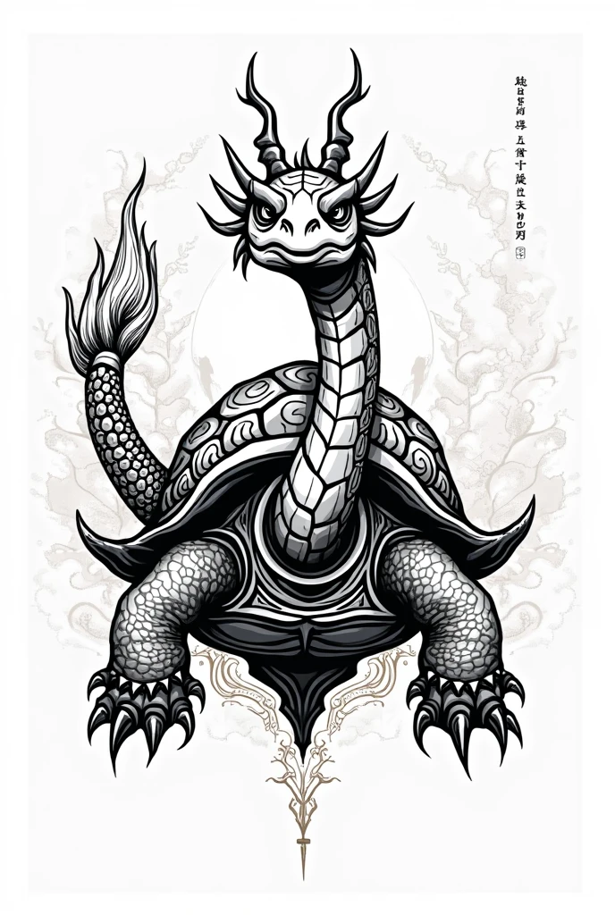 Black and White Ink Style Drawing of a Mythological Dragonic Turtle, Chinese style, doodle art, logo, tattoo, fictional, tortoise looking north, line drawing, more ancient style, more feaesome look